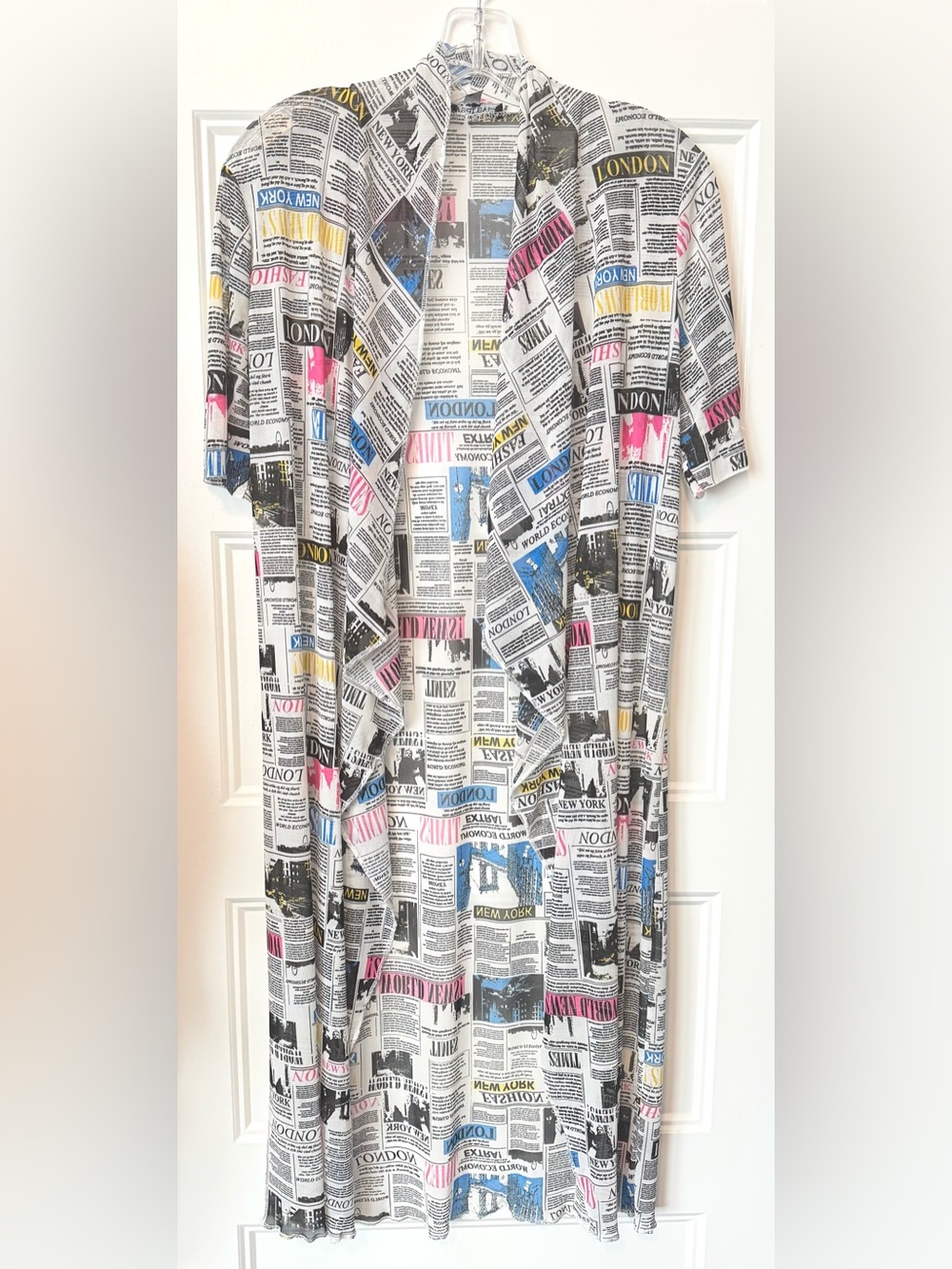 Wearever Newspaper Print Duster Cardigan Open Front Longline Sheer Cover Up M